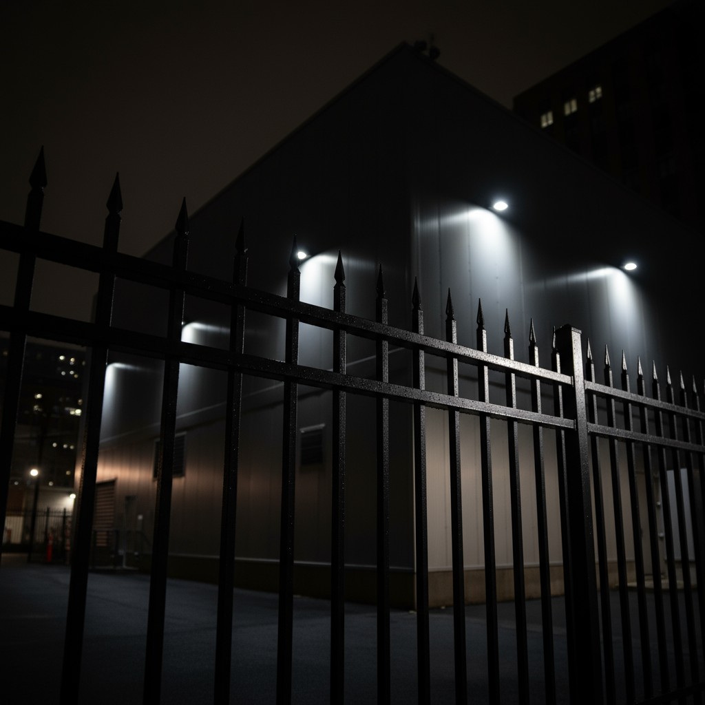 Obscure building behind a tall black fence at night. A large grey building in darkness with small illuminated lights on it...