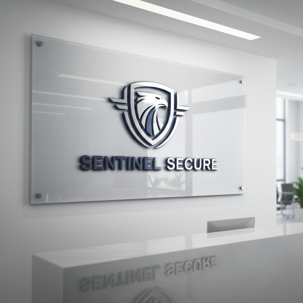 Hochglanzplakat mit den Namen "Sentinel Secure" vor einem Rezeptionsbereich, in welchem sich die abgebildete Wortmarke bef...