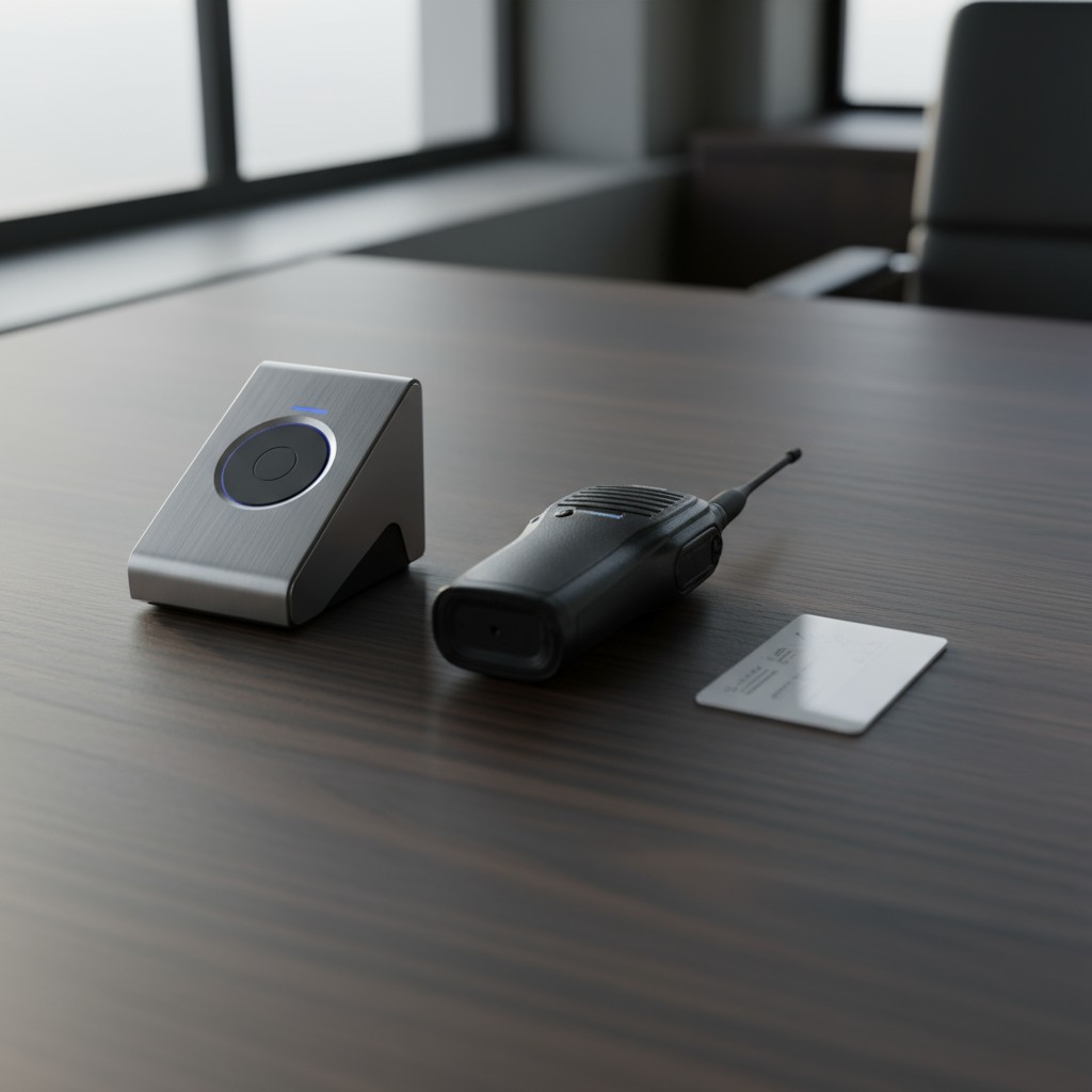 Tisch in Büro ist leer, auf dem stehen rechteckige Tischplatte, die lesbar ist, sowie Radio Empfangsgerät und Interphone m...